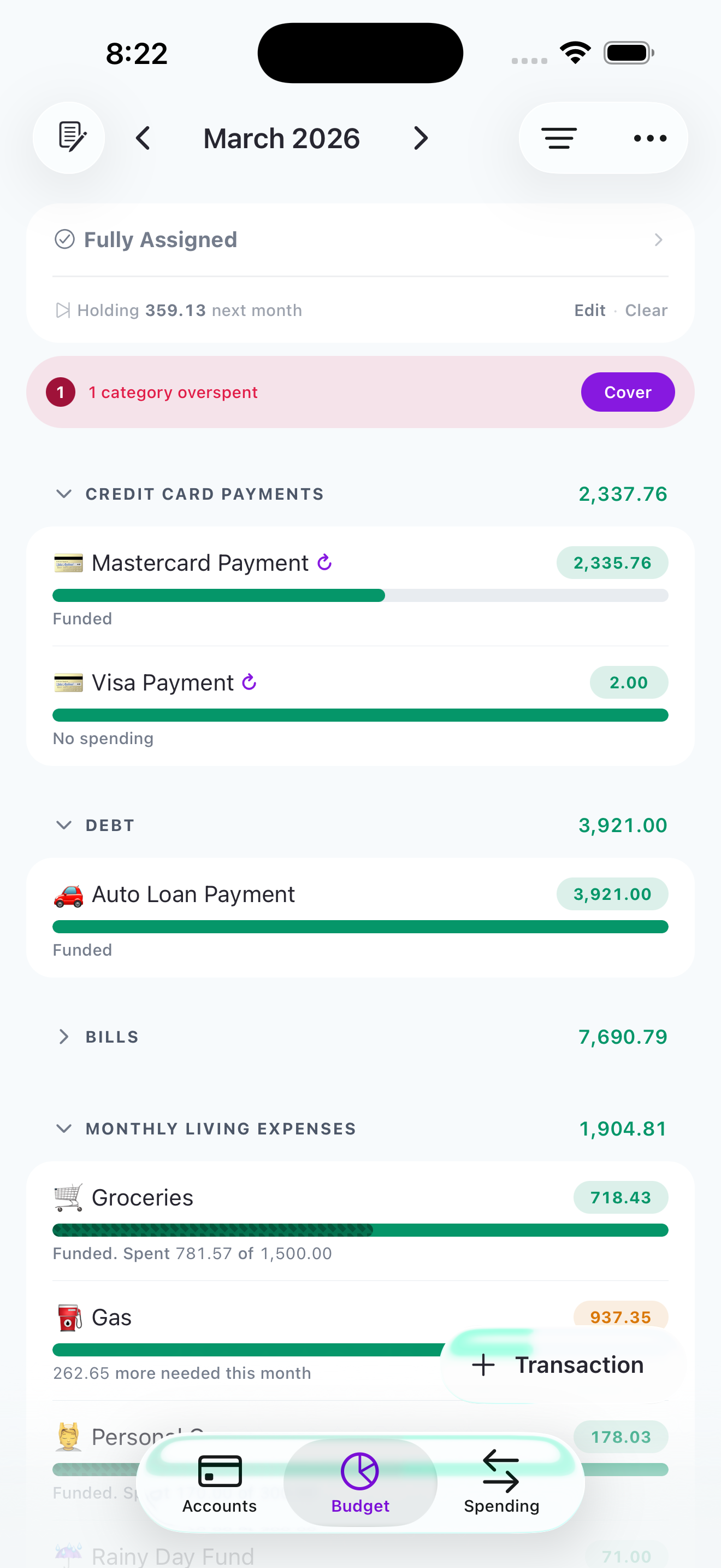 Budget categories with goals