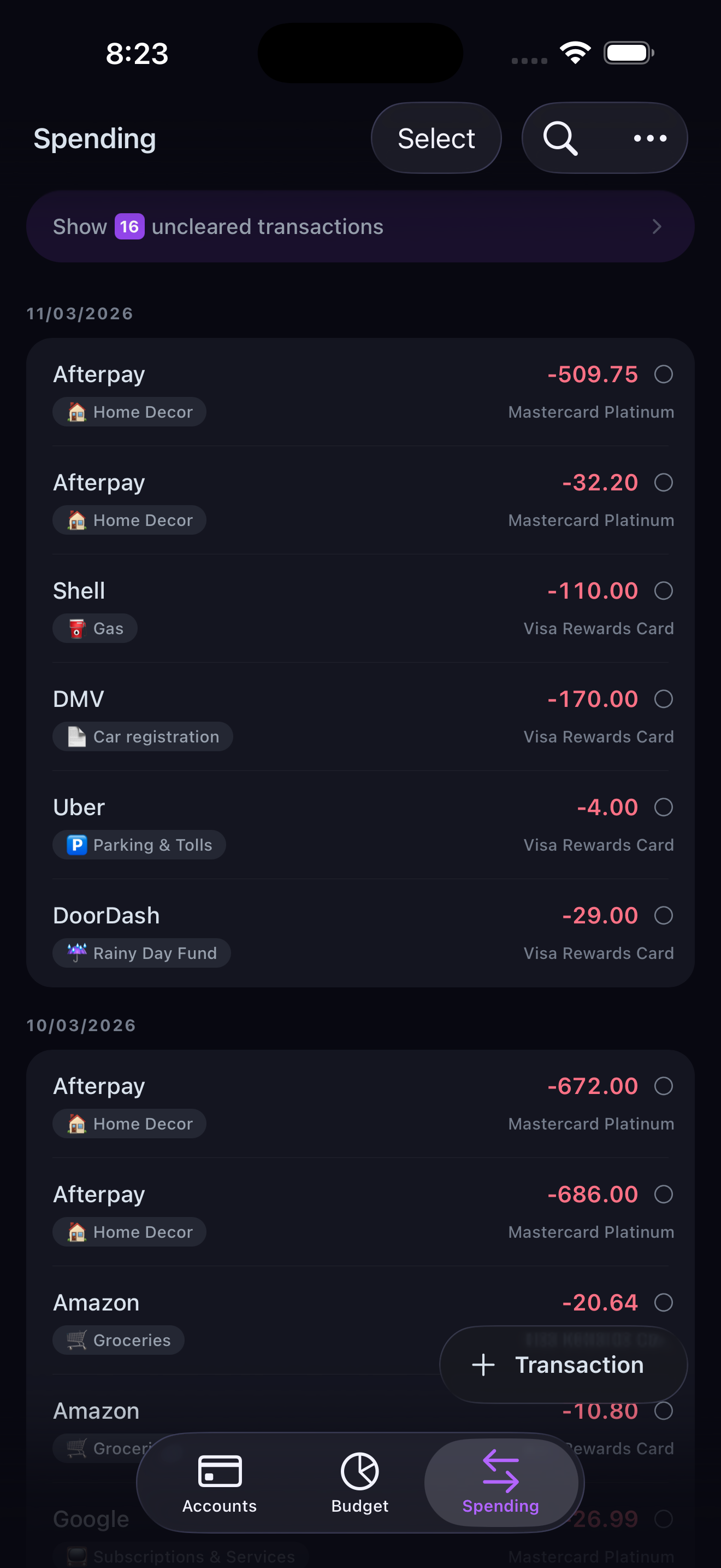 Transaction list
