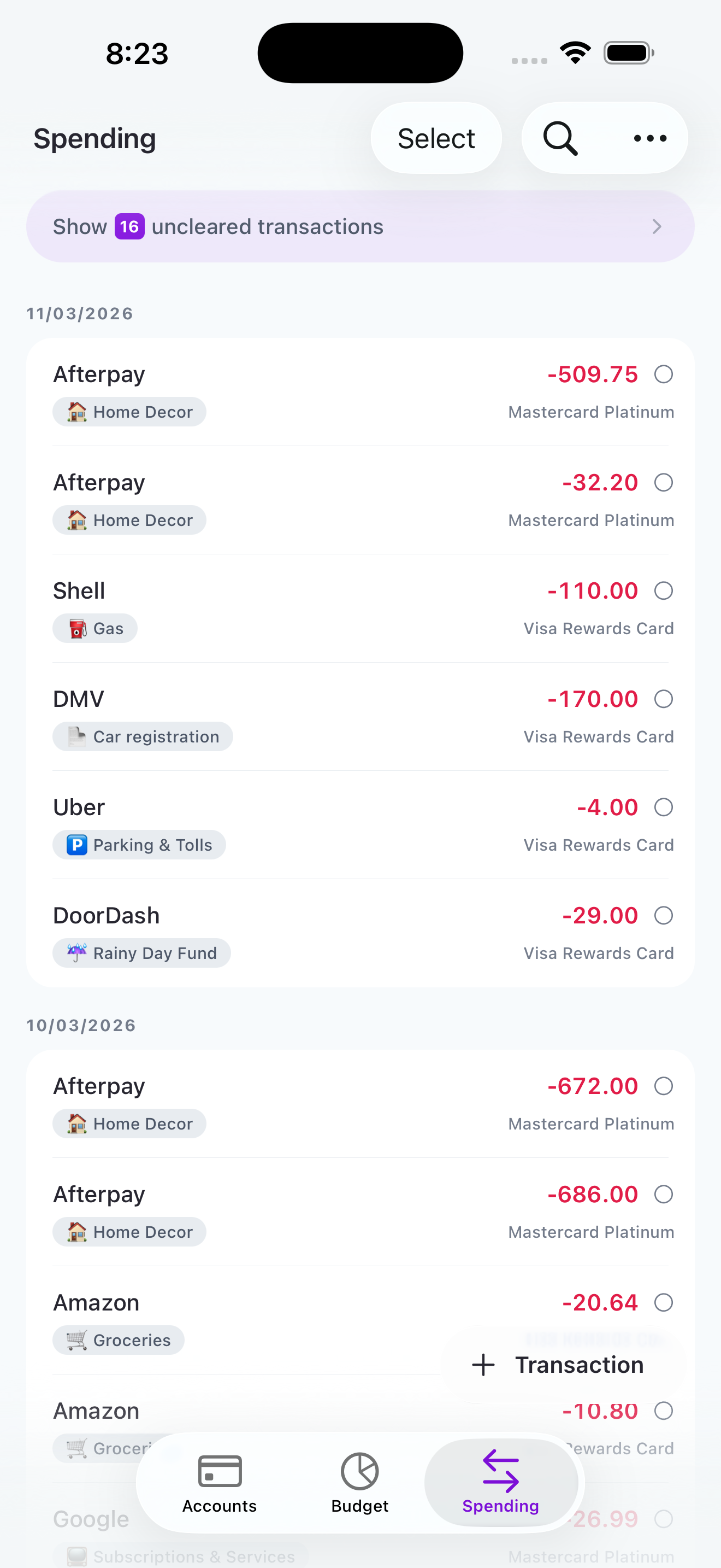 Transaction list